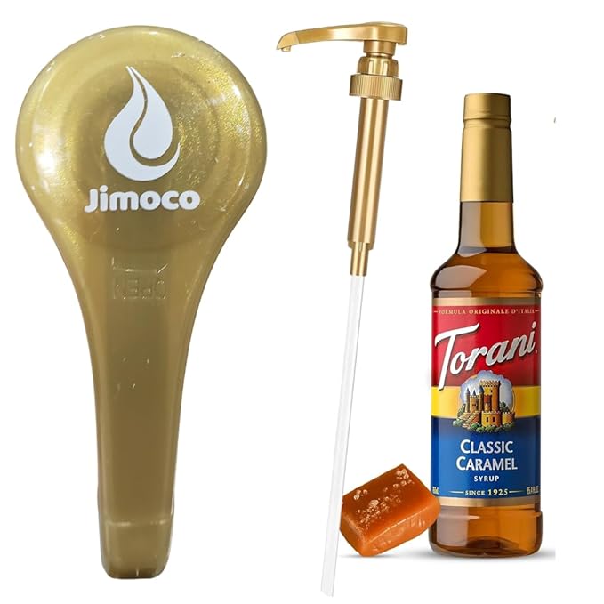 Jimoco® Syrup Pump Dispenser + Torani® Caramel Syrup, 25.4 oz - Coffee Syrup Pump & Flavoring Bundle
