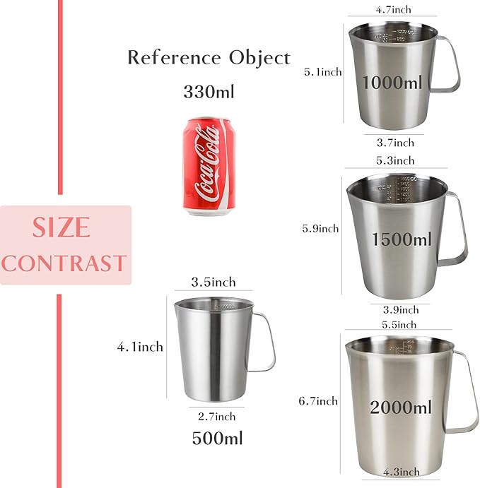 Stainless Steel Measuring Cup Pitcher with Marking with Handle for Milk Froth Latte Art (32OZ/1 Liter)