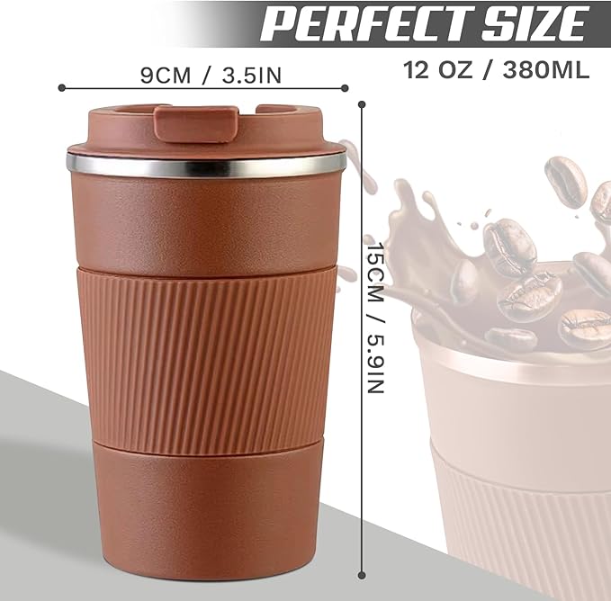 Vacuum-Insulated Stainless Steel Travel Coffee Mug, Leak-Proof Reusable Coffee Cup with Lid - Keep Hot & Cold Drinks for Hours, Durable Thermos Tumbler for Men & Women (3rd-Light Coffee, 12OZ)