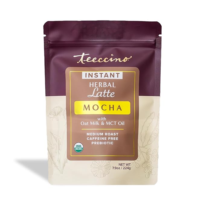 Teeccino Organic Instant Mocha Herbal Latte – 14 Servings – Creamy Oat & Coconut Latte Plus MCT Oil with Chocolaty Cacao & Dates Accenting Roasted Chicory – Prebiotic, Caffeine-Free – 7.9 ounces 