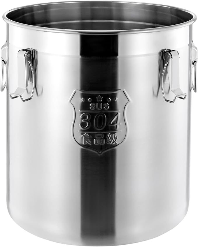 PERFERATE 304 Stainless Steel Airtight Canister 6L/12L Food Storage Bucket with Lids and Sturdy Locking Clamp Metal Cereal Rice Storage Container for Flour, Coffee Bean, Sugar, Cookie (48L)