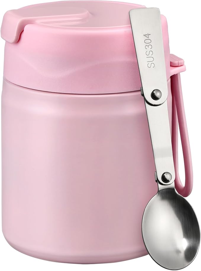 17oz Soup Thermo for Hot Food Kids Insulated Vacuum Food Jar with Stainless Steel Spoon Wide Mouth Thermo Leakproof Lunch Food Container Kids Hot Lunch Box (Pink)