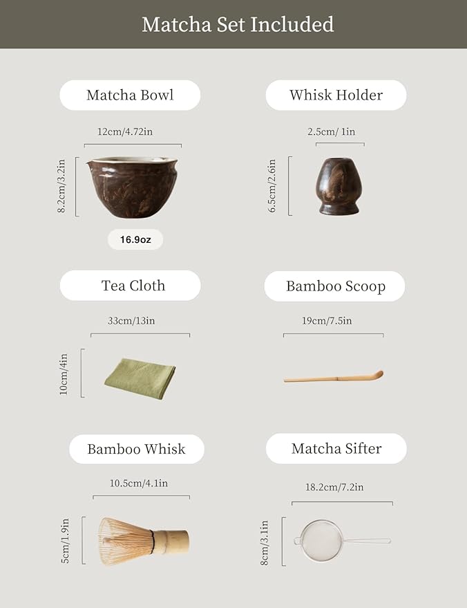 6-pcs Japanese Matcha Whisk Set with Handmade Wabi-Sabi Ceramic Bowl(Chawan),Bamboo Chasen, Whisk Holder, Scoop, Sifter & Tea Towel,Matcha Ceremony Kit,(Silent taupe)