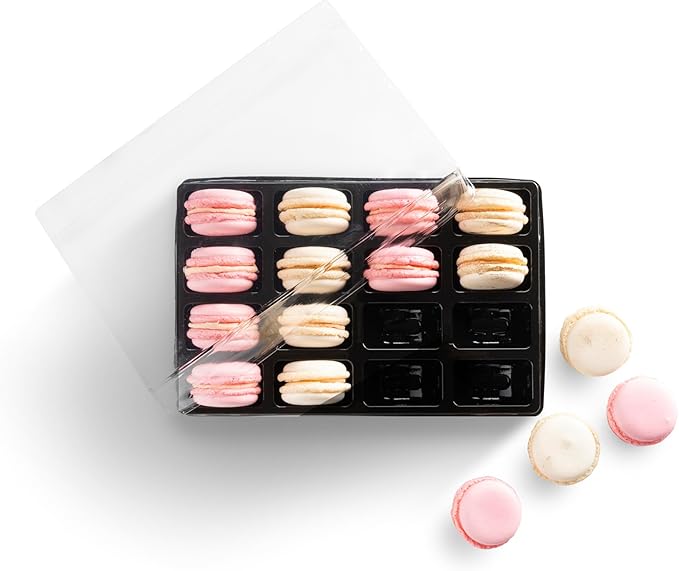 Pastry Chef's Boutique - Clear and Black Base Plastic French Macarons Small Gift Display Boxes - Holds 16 Macarons - Cavity Size 1.76'' x 1'' - Pack of 12