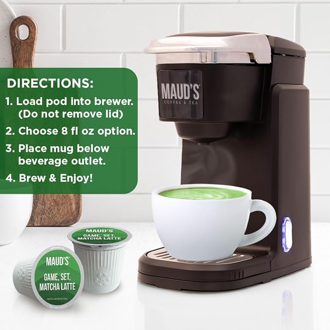 Maud's Matcha Latte Pods, 32 ct, Recyclable Single Serve Tea Pods - Compatible with Keurig K Cups Maker