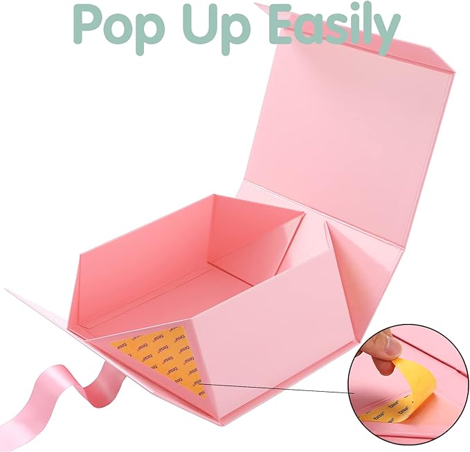HAPPY POTATO 5 Gift Boxes with Ribbon 9x6.5x3.8 Inches, Pink Gift Boxes with Lids, Bridesmaid Proposal Boxes, Magnetic Gift Boxes for Presents (Glossy Pink, Pack of 5)
