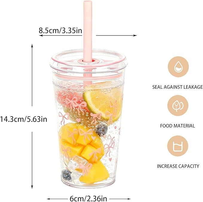 Clear Tumbler Cup, 16 oz Plastic Iced Coffee Cup with Lid and Straw, 6 Pack, Reusable and Dishwasher-Safe, for Gatherings and Outdoor Adventures (6, Bow Tie)