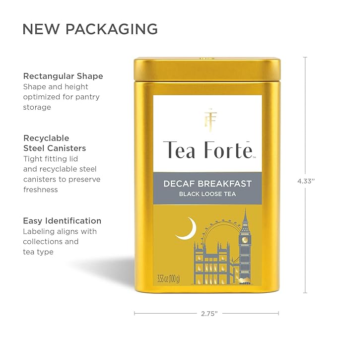 Tea Forte Decaf Breakfast Premium Loose Leaf Caffeine-Free Black Tea Blend Canister, Makes 35-50 Cups