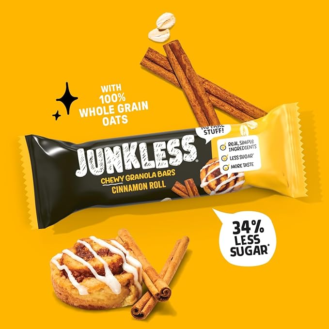 JUNKLESS Chewy Granola Bars Twin Pack – Chocolate Chip & Cinnamon Roll (12 Bars)–Less Sugar, Non-GMO, Gluten-Free, Wholesome Snack Bars for Kids & Adults, 2 Boxes