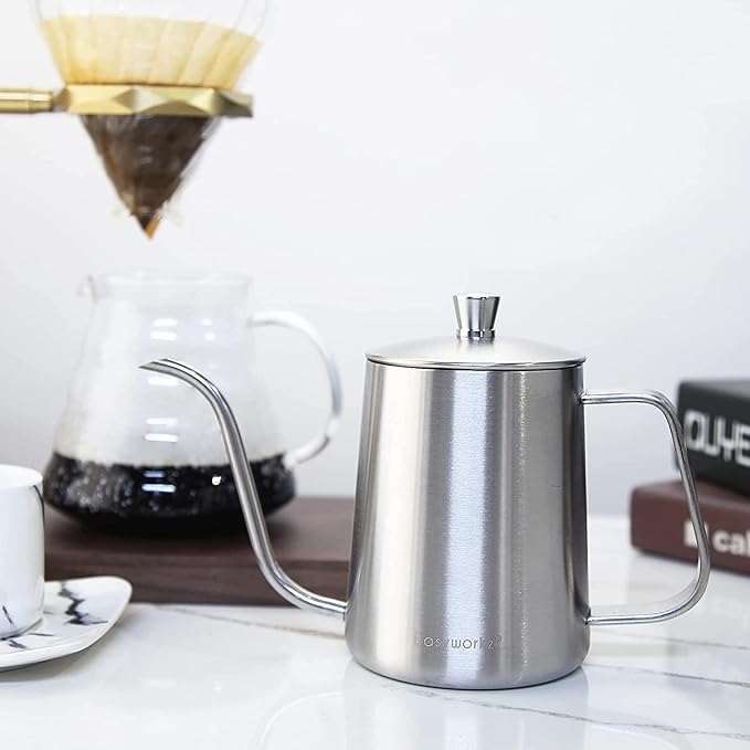 Easyworkz Gage Gooseneck Pour Over Coffee Kettle 20 oz with Thermometer Stainless Steel Hand Drip Coffee Pot With Long Narrow Spout, Silver