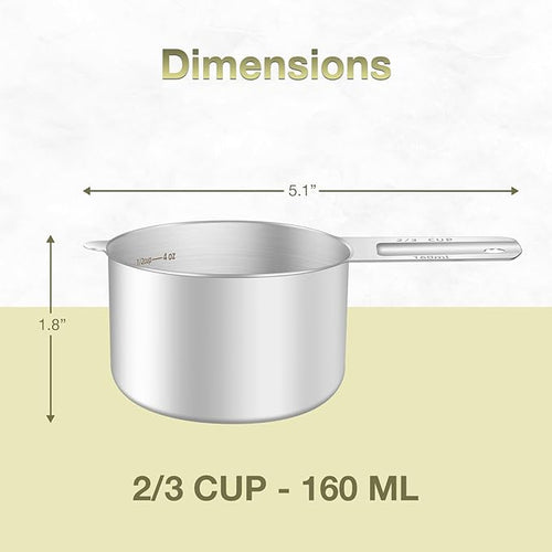 1PCS 2/3Cup (160ml, 5.3oz) Single Measuring Cup, Etched Inner Scale Stainless Steel Measure Scoop, Metric and US Measurement, Dishwasher Safe