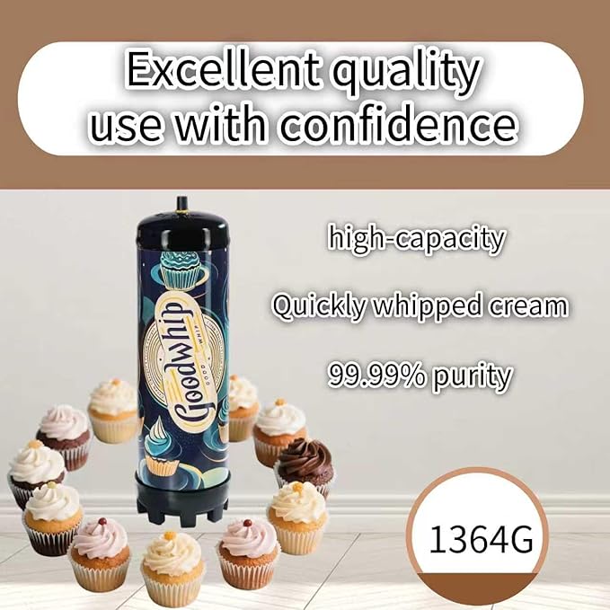 2.2L 1364g Whipped Cream Charger Tank (1 Pack), Fits with Any Standard Dispensers, Leak Proof Steel