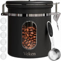 Veken Coffee Canister with Window, Airtight Stainless Steel Kitchen Food Storage Container with Lids, Date Tracker and Scoop for Grounds Coffee, Beans, Tea, Flour, Cereal, Sugar Jars, 16OZ, Black