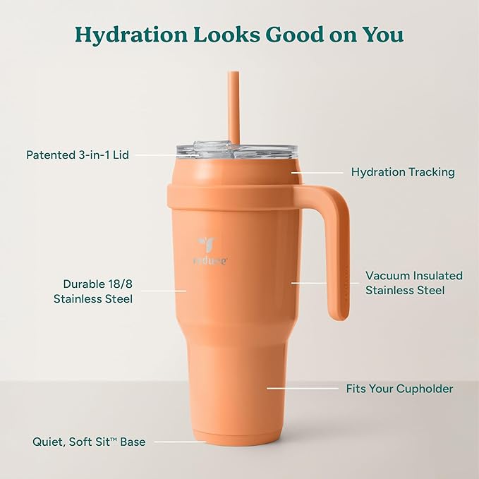 REDUCE 40 oz Stainless Steel Tumbler with Handle - Dual-Wall Vacuum Insulated Travel Mug, Sweat-Proof Lid & Reusable Straw - Keeps Drinks Cold for 24 Hrs, Fits Cupholders, Dishwasher Safe - Papaya