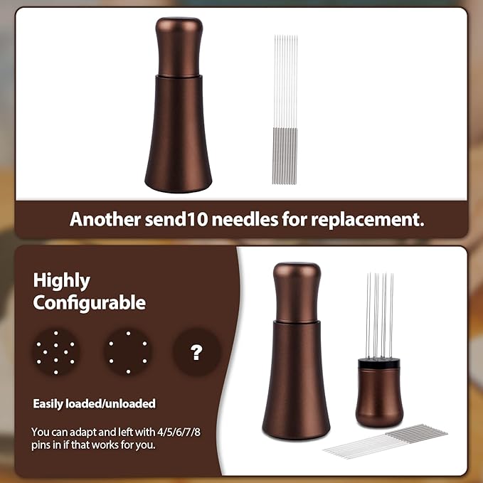 WDT tool, Espresso Distribution tools, 10 x 0.35mm 304 Stainless Steel Needles Installed with 10 Extra needles for Espresso Stirrer Replacement, Aluminum Alloy Handle with Stand (Matte Brown)