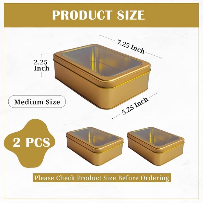 Pack of 2 Gold Rectangular Tin Container With Clear Lid, Multipurpose Tin Box, Festive Tin Box for Gift Giving, Cookies, Stationery & More - 7.25 x 5.25 x 2.25 Inches