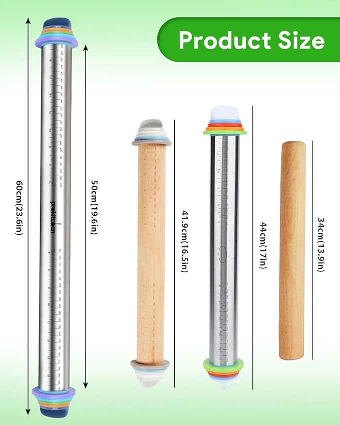 Adjustable Rolling Pin with Thickness Rings for Baking, Adjustable Stainless Steel Designs Dough Roller Pins for Cookie Decorating & Dough Pizza Pie Adjustable Long Rolling Pin 23.6 Inch