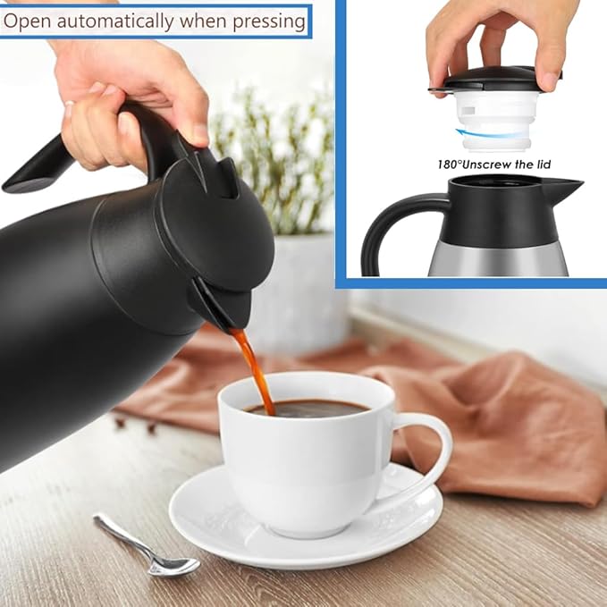 Thermal Coffee Carafe 70 oz / 2L Insulated Stainless Steel, Coffee Carafes Double Walled Vacuum Pot Flask - Hot Beverage Dispenser/Water, Tea - Keep 12/24 Hours Hot/Cold (Black)