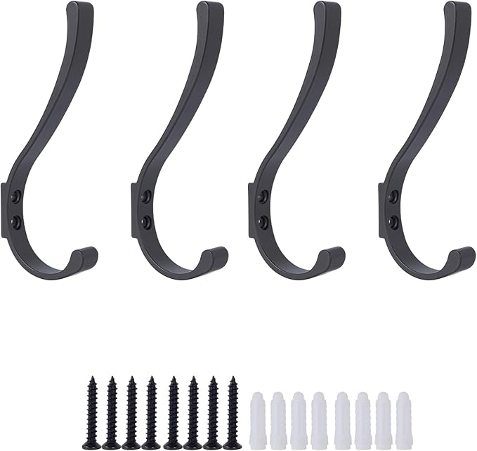 4 Pack Hanging Coat Hooks Wall Mount, Coat Hanger Wall Hangers, Metal Hooks for Hanging Heavy Duty, Screw in Hooks for Hanging Towels, Clothes, Backpack, Hat, Bag, Jacket, Key, Robe, Backpack Grey