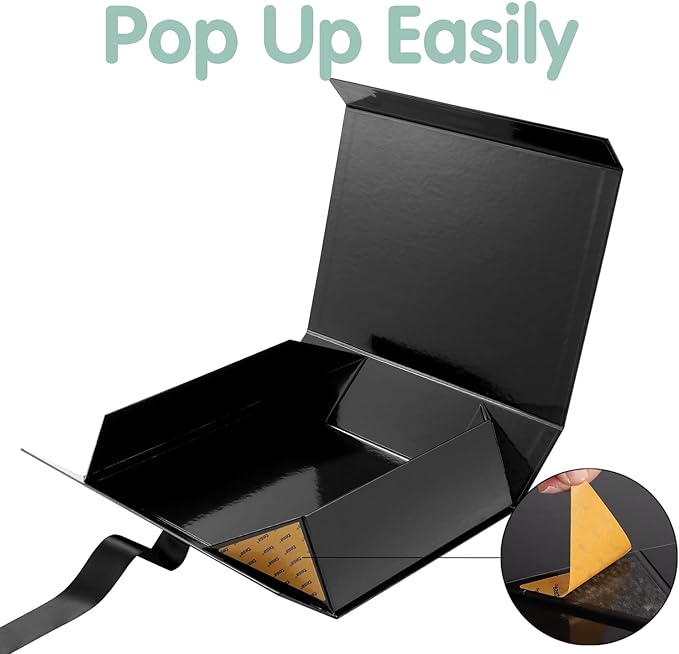 HAPPY POTATO Large Black Gift Box with Lid and Ribbon 13.5x9x4.1 Inches, Groomsman Proposal Box, Magnetic Gift Box for presents (Glossy Black)