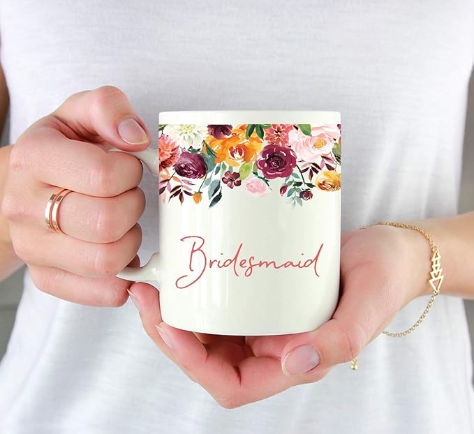 Andaz Press 11oz. Wedding Ceramic Coffee Tea Mug Gift, Fall Autumn Burgundy Orange Peach Flowers Roses Florals, Bridesmaid, 1-Pack, Includes Gift Box