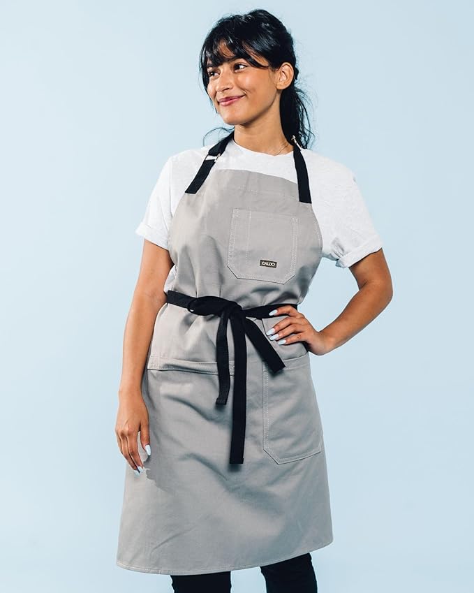 Caldo Daily Cotton Kitchen Apron for Cooking- Mens and Womens Professional Chef or Server Bib Apron - Adjustable Straps with Pockets and Towel Loop (Grey)