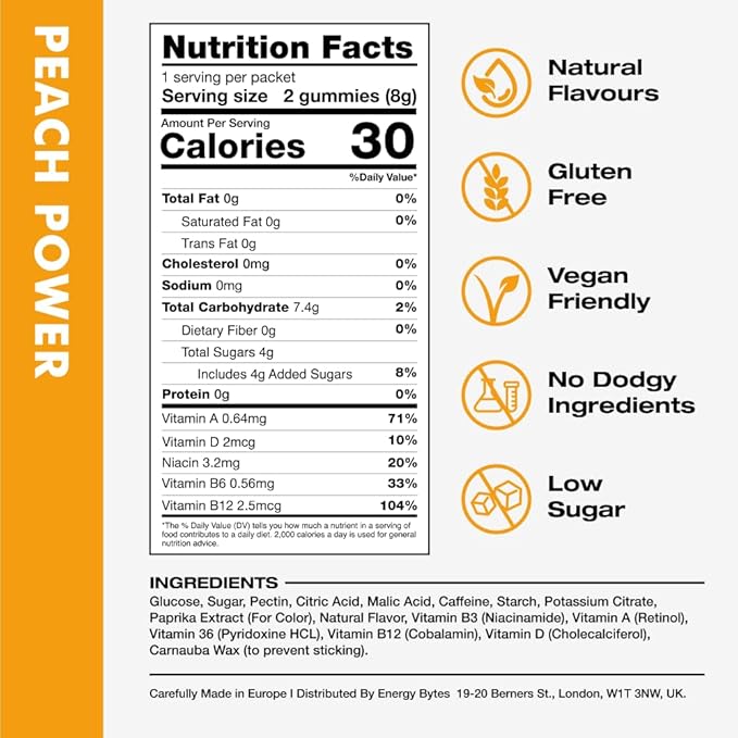 Energy Bytes Caffeine Gummies | Instant Energy Chews for Running, Cycling and Sports Performance | Vegan, Low Sugar | Peach Power (12-Pack)