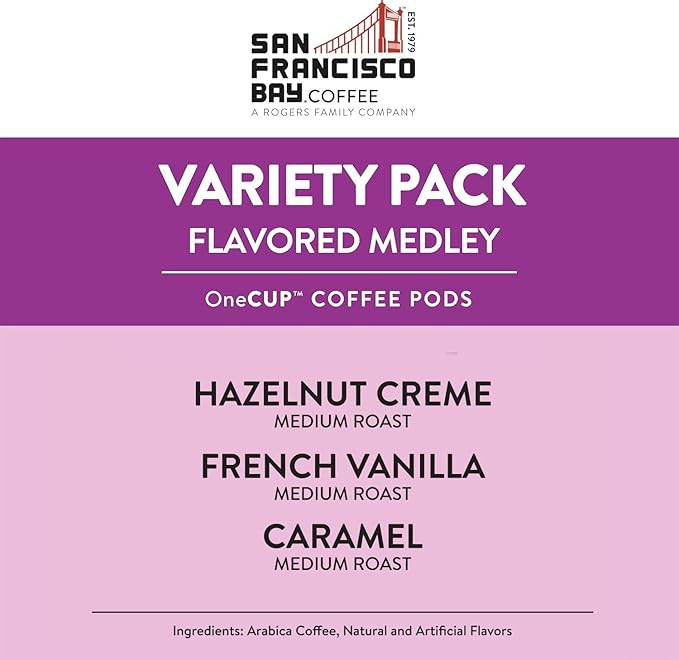 San Francisco Bay Compostable Coffee Pods - Variety Pack Flavored (40 Ct) K Cup Compatible including Keurig 2.0, Hazelnut, Cinnamon, Caramel, Vanilla Flavored Coffee