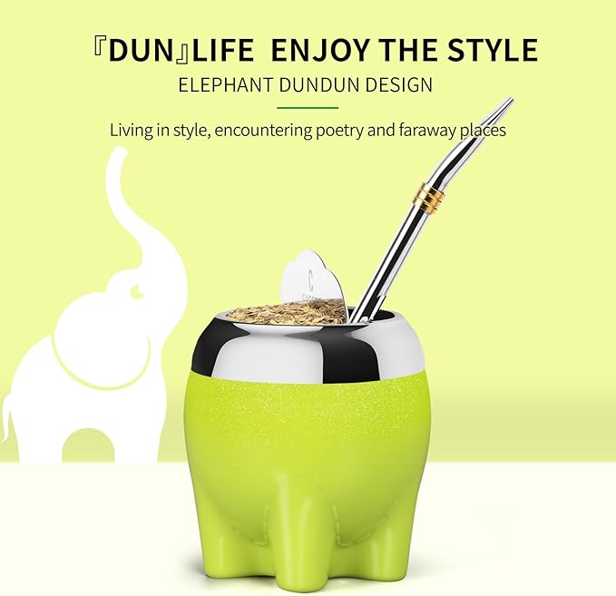 Premium Yerba Mate Cup 5 in 1 Set, Including Cute Elephant Style Stainless Steel Gourd, Bombilla Straw and Tea Shaper Set, 5.4oz, Gift for Women Drinking Cup