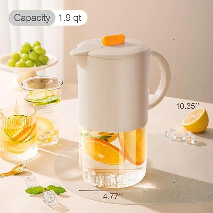 Delove Borosilicate Glass Pitcher with Lid & Auto Spout – Shatterproof Plastic Shell, Wide Mouth Design – 62 oz (1.9 Quart) Jug for Boiling Water, Iced Tea, Juice & Cold Brew Coffee (2, Beige)