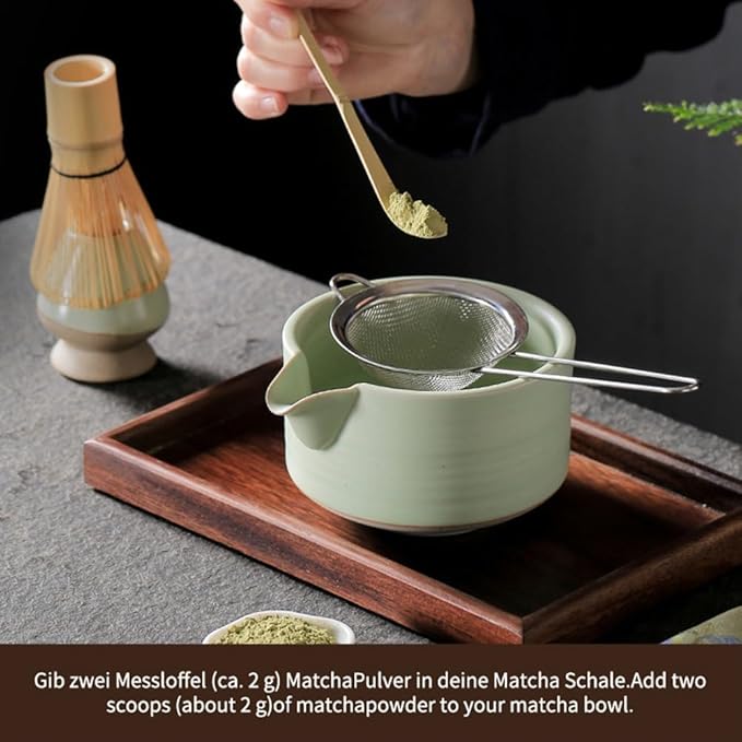 Matcha Traditional Porcelain Tea Bowl with Pour Spout - Hand Made Porcelain with Light Green Matte Glaze - Perfectly Whisked Matcha Green Tea, 430ml/ 14.5oz