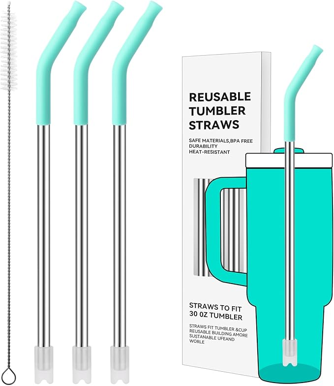 Reusable Metal Straws with Silicone Tip for Stanley 30oz,Stainless Steel Drinking Straws for 30oz Tumbler,3 Straight Tubes & 6 Tips& 1 Cleanr Brush (Tropical Teal)