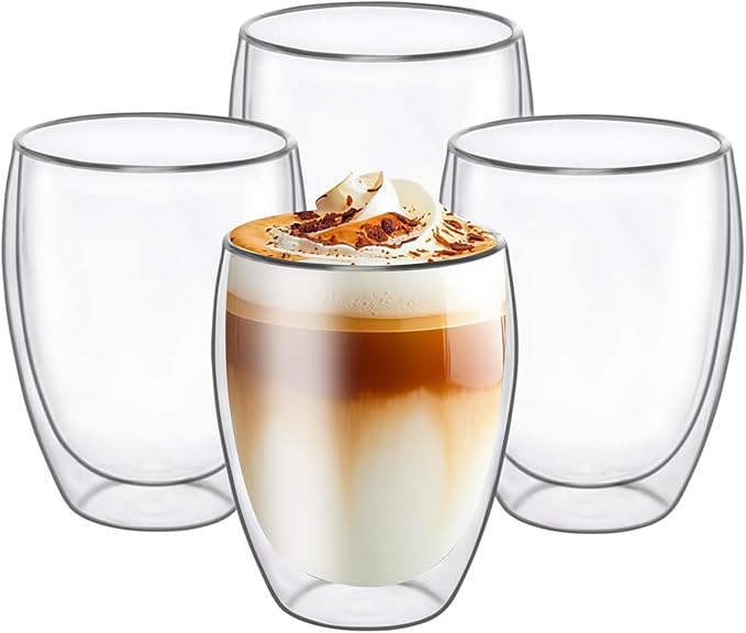 6.8OZ Double Wall Espresso Cups Set of 4, Clear Expresso Shots Cup, Double Wall Insulated Espresso Mugs, Tazas de Cafe Expreso, Microwave Dishwasher Safe,Suit for Espresso Machine