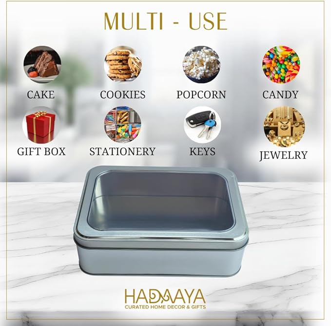 Silver Rectangular Tin Container With Clear Lid, Single Piece Multipurpose Tin, Festive Tin Box for Gift Giving, Cookies, Stationery & More - 7.25 x 5.25 x 2.25 Inches