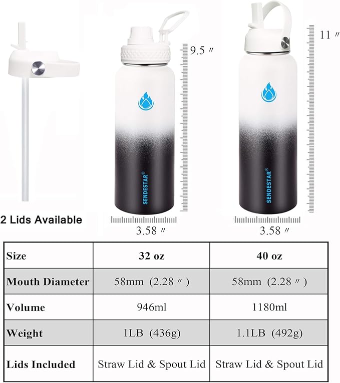 SENDESTAR Water Bottle 40oz Double Wall Vacuum Insulated Leak Proof Stainless Steel Sports Water Bottle—Wide Mouth with New Flex Straw Lid & Spout Lid (Day&Night)
