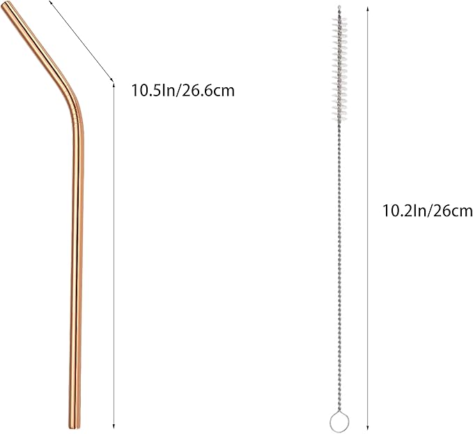 10 Pcs Stainless Steel Straws, Reusable Drinking Straws, Bent Metal Straw Sets with 2 Pcs Cleaning Brushes (Rose Gold, 10.5 Inch)