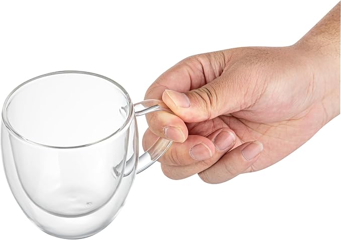 Restaurantware-Forma Professional 8.5 Ounce Glass Coffee Cups, 2 Insulated Coffee Cups With Handle - Dishwashable, Reusable, Clear Double Wall Beverage Tumblers, Freezable, For Hot Or Cold Beverages