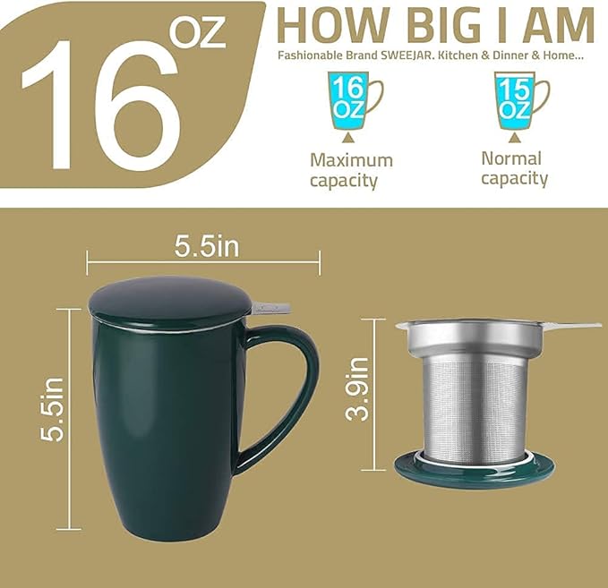 Sweejar Porcelain Tea Infuser Mug with Lid, 16 oz Teacup with Strainers for Loose Leaf Tea, Microwave and Dishwasher Safe Coffee Mug(New Jade)