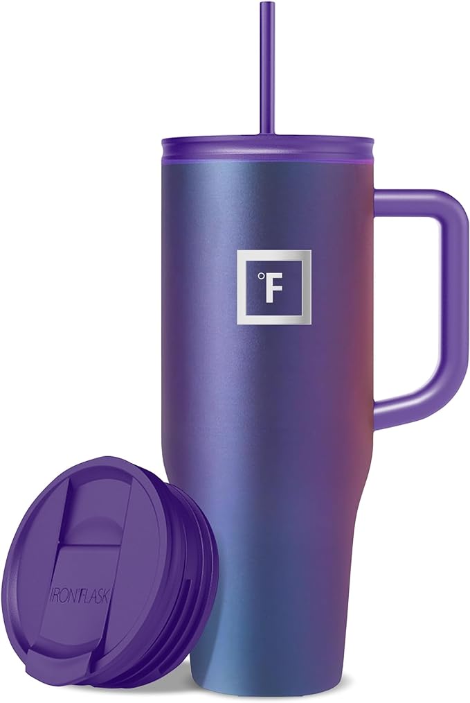 IRON °FLASK Co-Pilot Insulated Mug w/Straw & Flip Cap Lids - Cup Holder Bottle for Hot, Cold Drink - Leak-Proof - Water, Coffee Portable Travel Mug - Aurora, 40 Oz