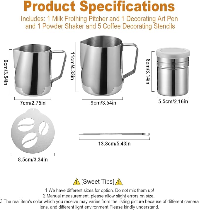 4Pieces Stainless Steel Milk Frothing Pitcher Set, Latte Art Barista Steaming Pitchers Set -Include Milk Frother Cup, Latte Art Pen, Powder Shaker, 5pcs Coffee Decorating Stencils (350ml/11oz)