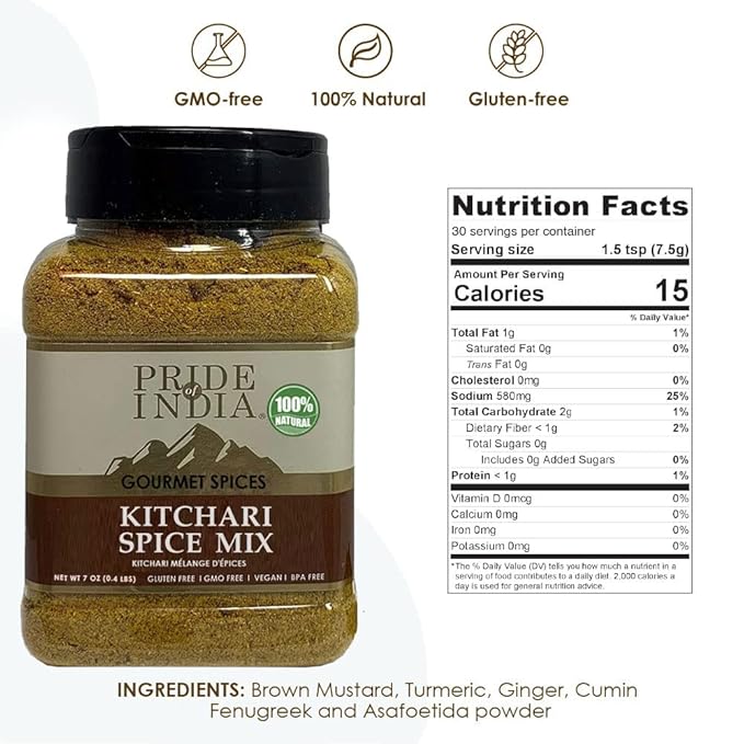 Pride Of India - PACK of 6 - Kitchari Spice Seasoning – Made with Authentic Indian Spices – Good for Health Cleanse & Diet – Easy to Use – 7 oz. Medium Dual Sifter Jar