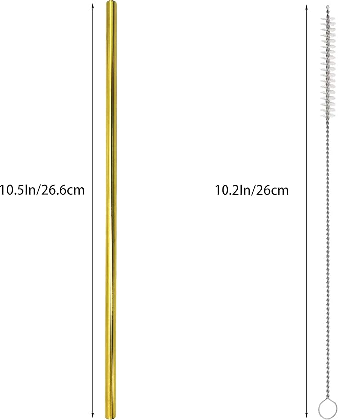 10 Pcs Stainless Steel Straws, Reusable Drinking Straws, Straight Metal Straw Sets with 2 Pcs Cleaning Brushes (10.5 Inch, Gold)