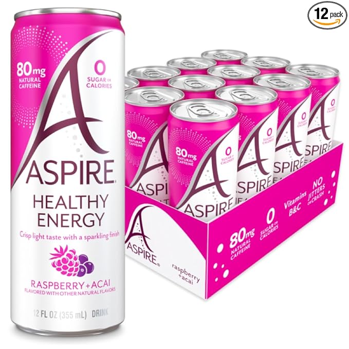 ASPIRE® Raspberry Acai, Healthy Energy Drink 80mg Natural Caffeine, Zero Sugar No Carbs Keto Friendly, 12 Pack Green Tea Sugar Free Drink Low Caffeine Zero Calorie