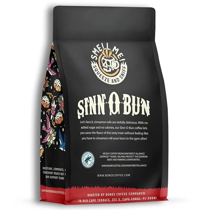 Bones Coffee Company Cinnamon Roll Flavored Coffee, Medium Roast Low Acid Arabica Beans Compatible with Auto drip and French Press Coffee Maker, 12 Oz Whole Bean