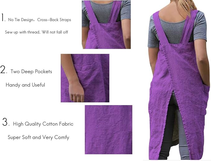 Women's Pinafore Square Apron Baking Cooking Gardening Works Cross Back Cotton/Linen Blend Dress with 2 Pockets