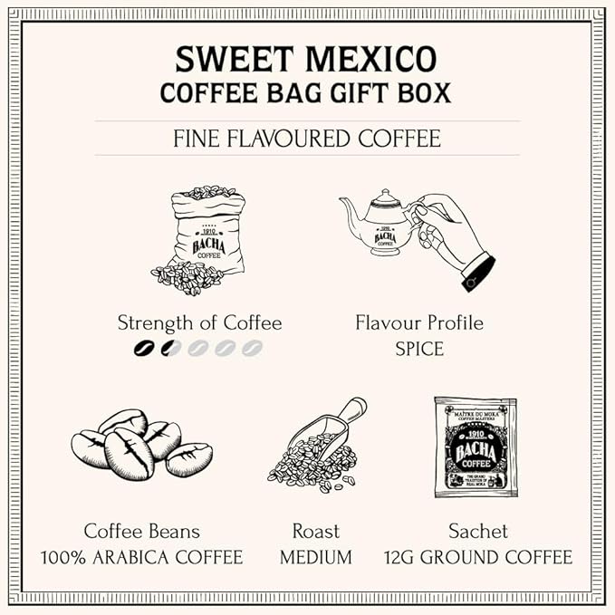 Bacha Coffee | Sweet Mexico Fine Flavoured, Medium Roast, 100% Arabica Specialty Coffee, 12 Coffee Drip Bags, Gift Box