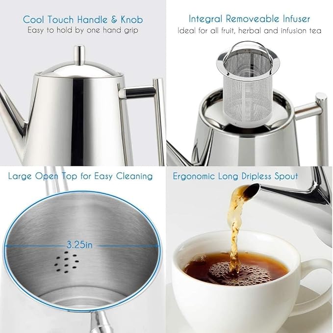 Easyworkz Stainless Steel Teapot with Removeable Infuser 27 oz Stovetop Tea Maker for Fruit Herbal and Infusion Tea