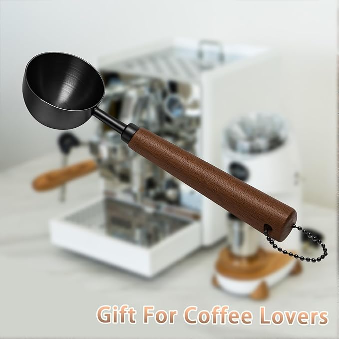 1pcs Coffee Scoop for Ground Coffee, Beans and Tea，Vintage Coffee Measuring Spoon with Long Wooden Handle 30ml/10g Capacity 304 Stainless Steel（Black)
