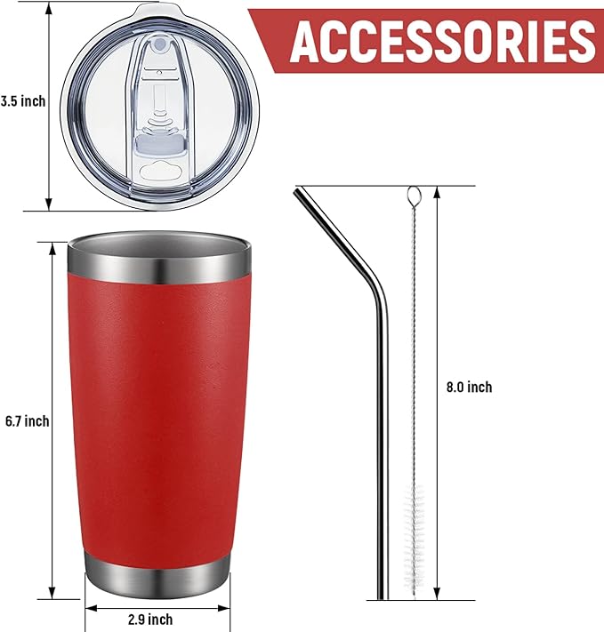 COMOOO 20oz Double Wall Vacuum Insulated Travel Mug, Stainless Steel Tumbler with Lid and Straw Durable Powder Coated Insulated Coffee Cup for Cold & Hot Drinks (Red, 8 PACK)