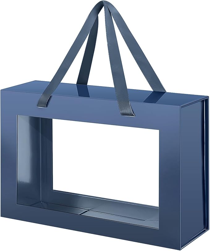 Large Navy Blue Clear Gift Box, 13.5x9x4.1 Inches, Groomsman Proposal Box, Collapsible Gift Box with Magnetic Closure (Glossy Navy Blue, 1 Pack)